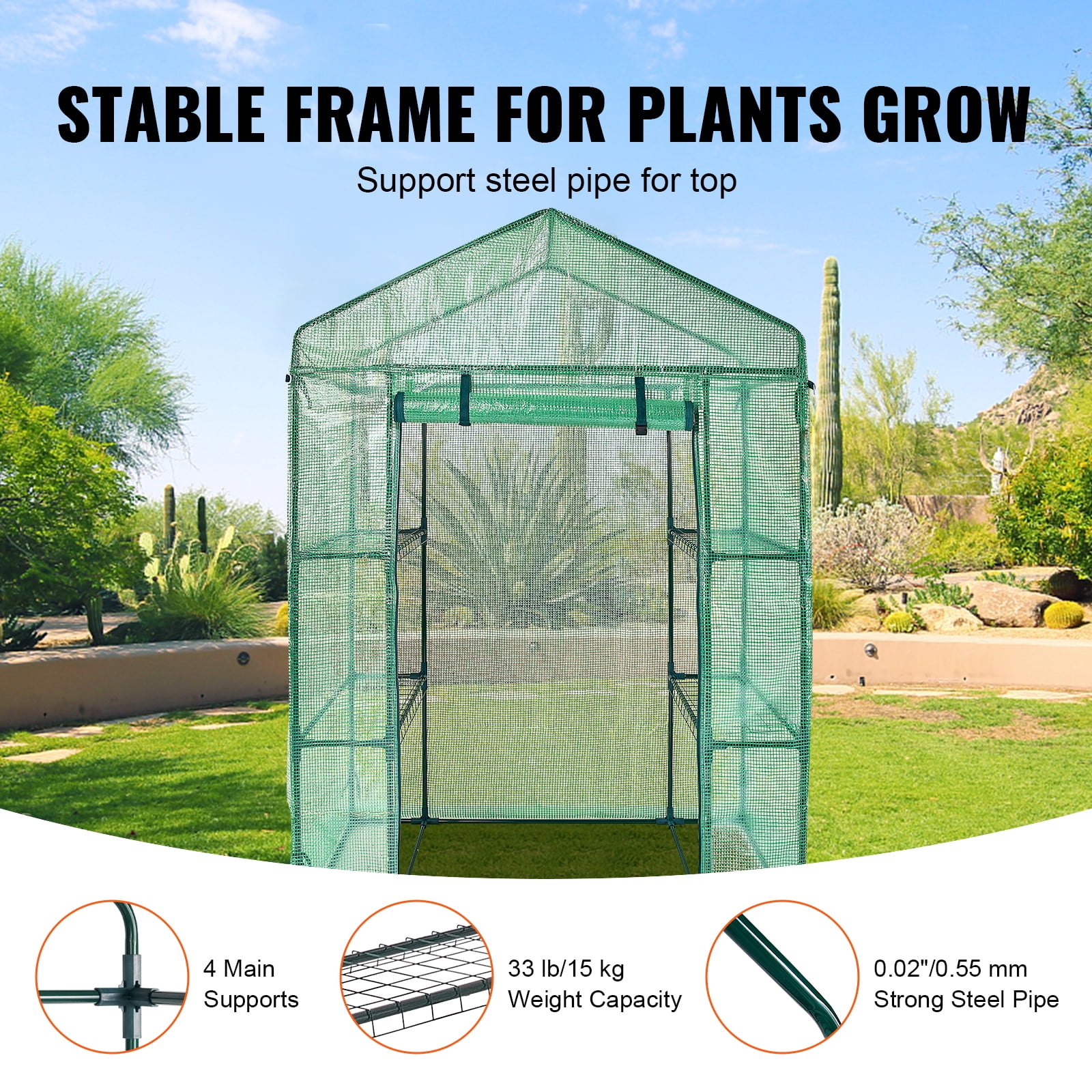 KFFKFF Portable Greenhouse, Dimensions 4.6 x 2.4 x 6.7 ft, Equipped with Shelving Units, Robust PE Cover Incorporating Doors and Windows, Steel Framework, Quick Assembly