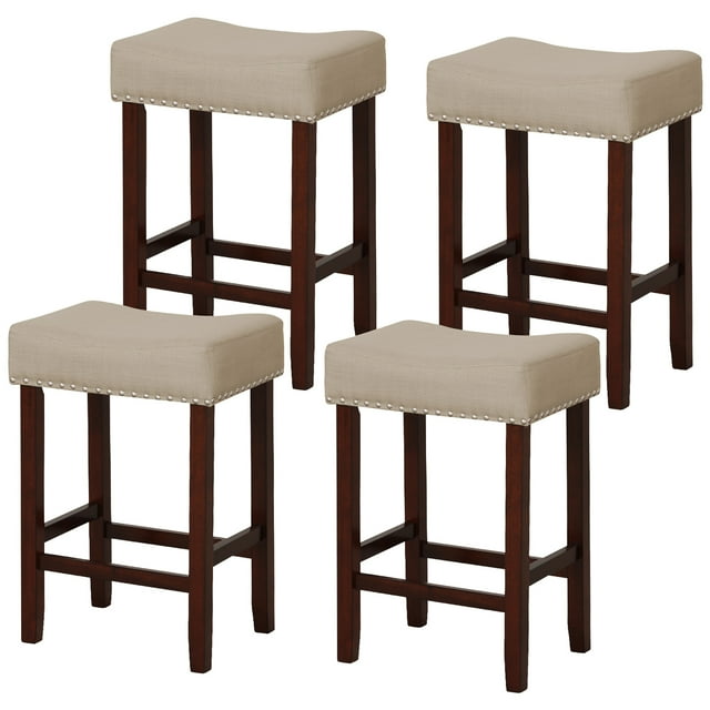 Gymax Set of 4 Bar Stools Counter Height Saddle Kitchen Chairs w/ Wooden Legs Beige