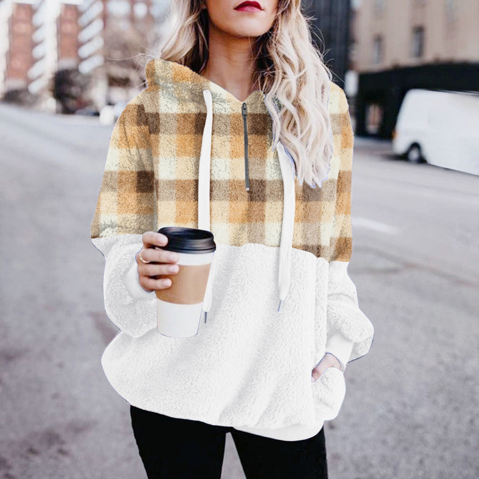 cllios Plaid Hoodies for Women Oversized Fuzzy Fleece Sweatshirts