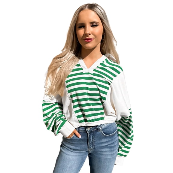 Women's Green Stripe Colorblock Cropped Knit Pullover with Collared V Neck | [ZhiHiMeRi] | L