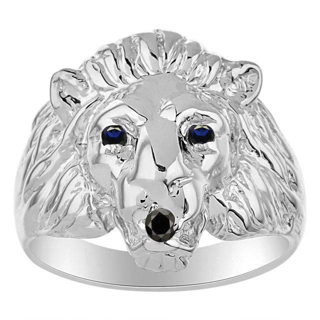 RYLOS Lion Head Ring Black Diamond Mouth & Gemstone Eyes Fun Designer Rings Sapphire Sterling Silver Jewelry Size 8