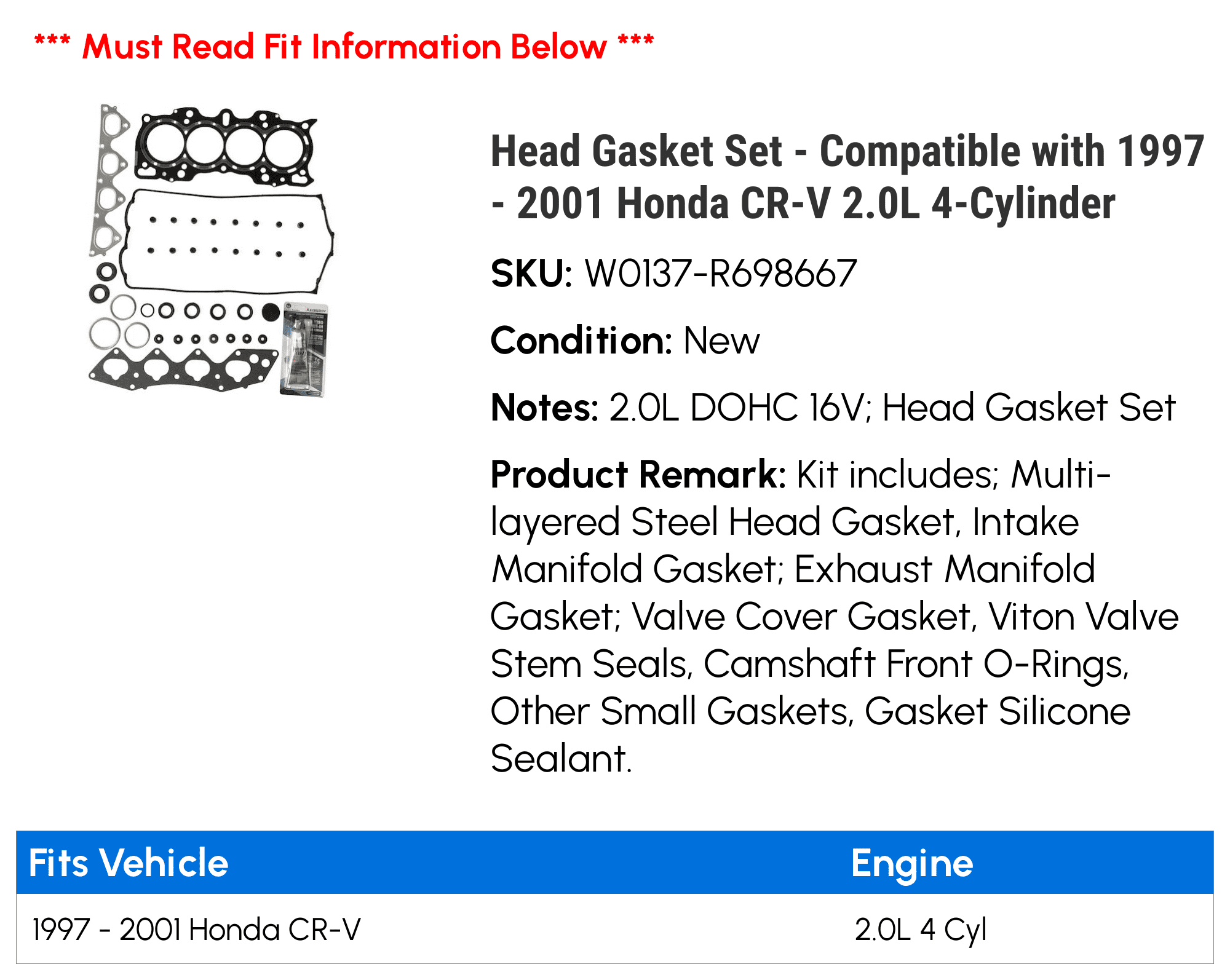 Head Gasket Set Compatible with 1997 2001 Honda CR-V 2.0L 4-Cylinder  1998 1999 2000