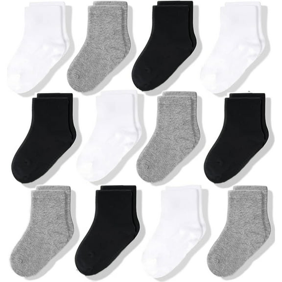 CozyWay Baby & Toddler Crew Socks - Soft Breathable Cotton for Toddler Socks - Reinforced Toe for Baby Boy Essentials - Easy-On Design for Infants - 1T-3T, Black/White/Gray, Crew, Pack of 12