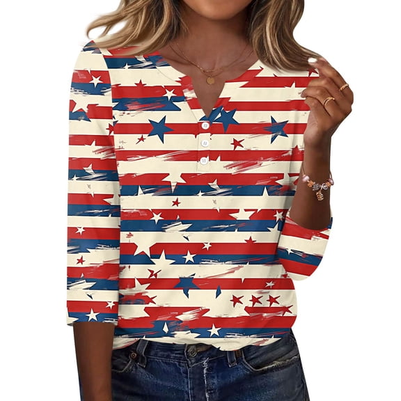 Women's Patriotic Star Print 250th Anniversary USA Shirt V-Neck Button 3/4 Sleeve T-Shirt