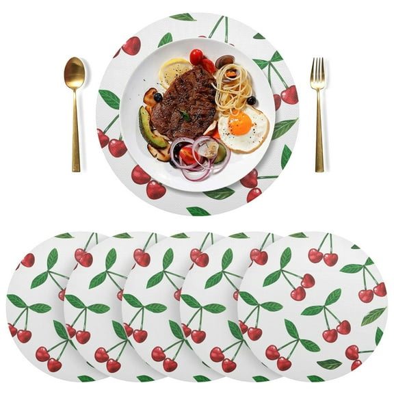 Leaves and Cherry Round Plate Mats Non-Slip Place Mat Washable PVC Table Mats Set of 4 Heat Resistant Table Decoration for Kitchen Dining