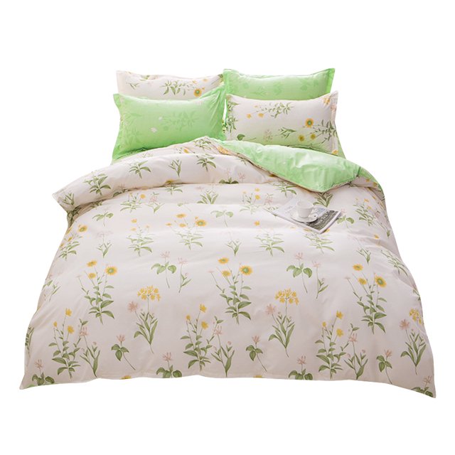 Juego de cama de poliéster con estampado de plantas, funda de almohada, funda nórdica de sábana plana (para cama de 1,2 m)