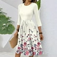thumbnail image 4 of WTOBBY Women's Chic Floral Print Waistband Round Neck 3/4 Sleeve Dress, Flowy Midi Sundress with Comfort Fit for Daily Activities,Beige M, 4 of 5