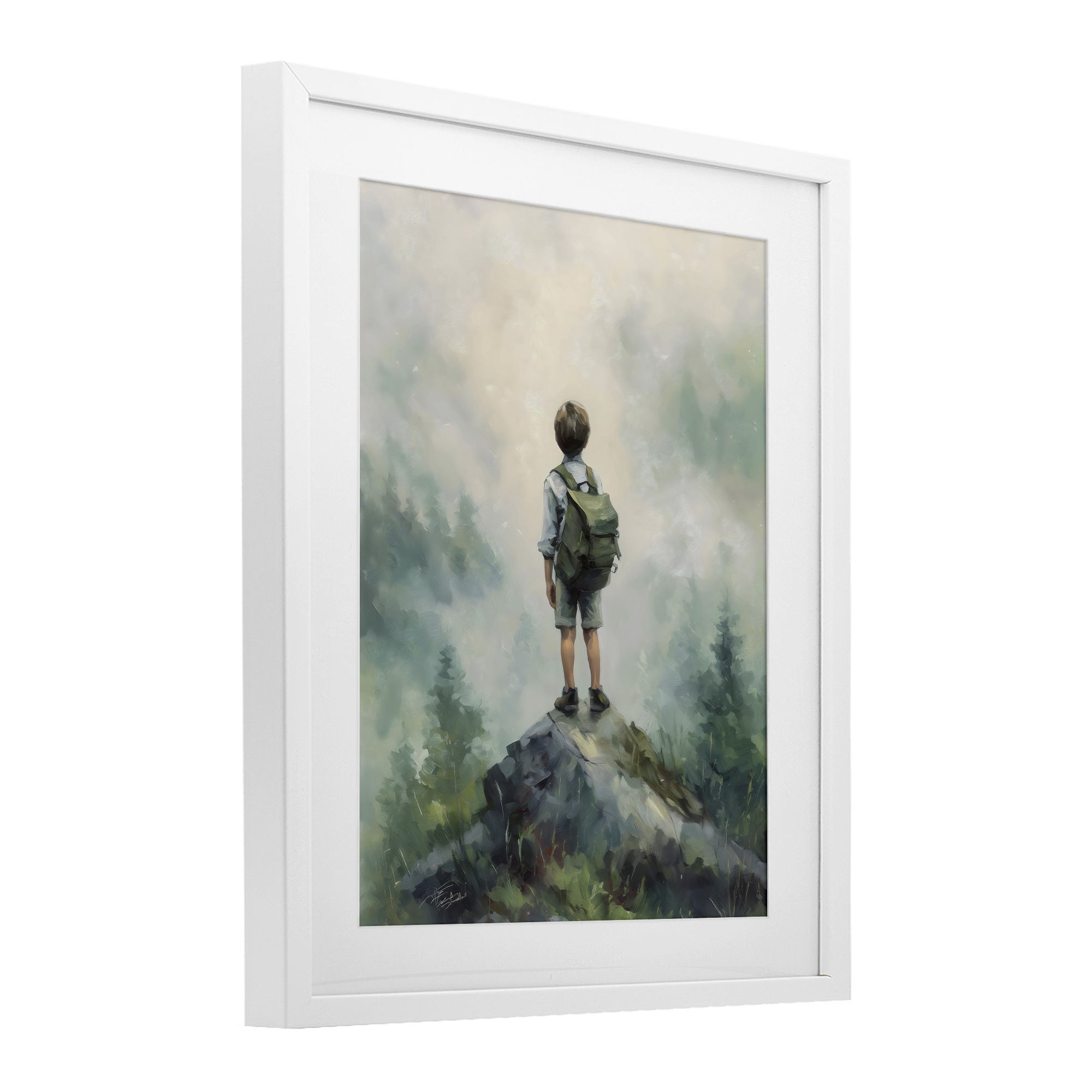 Boy Adventurer Atop Mountain White Framed Print Under Glass, design by Arlington Prints