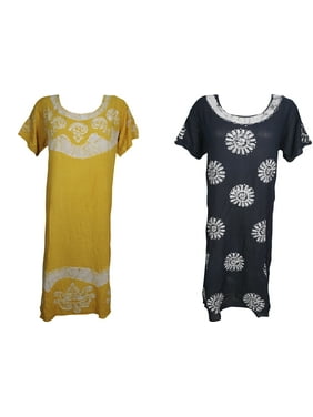 Mogul 2PC Yellow Blue Sundress Short Sleeves Batik Print Scoop Neck Rayon Casual Summer Style Hippie Chic Shift Dress L