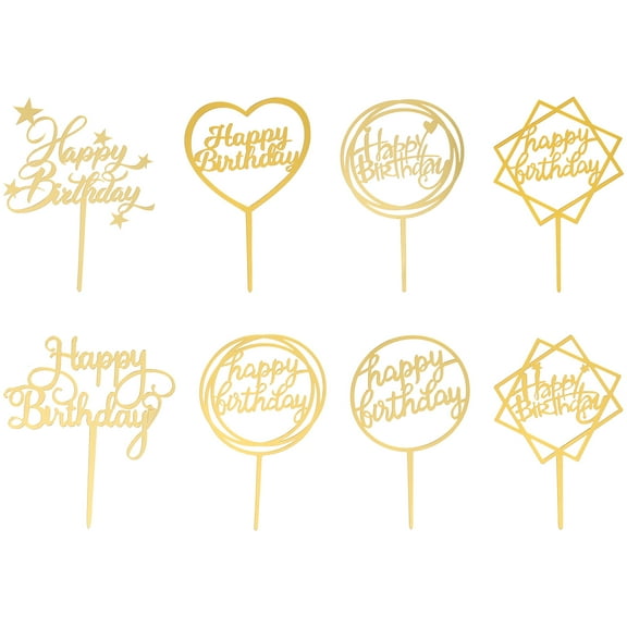 Golden Acrylic Cake Topper for Decoration Unique Shape to Celebrate Birthdays and Parties 8Pcs
