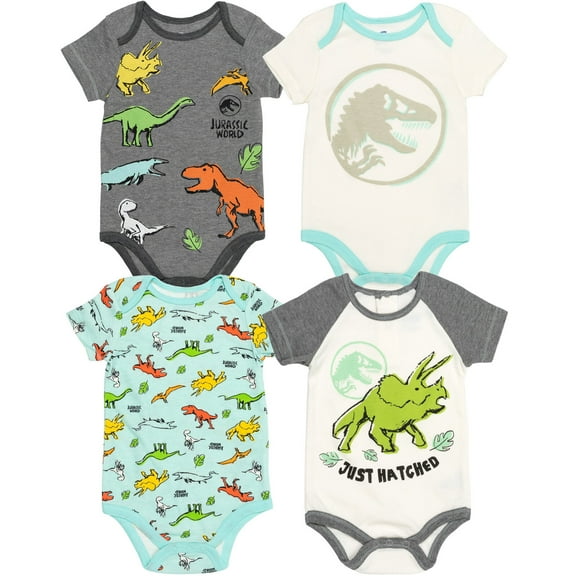 Jurassic World Dinosaur T-Rex Infant Baby Boys 4 Pack Bodysuits Newborn to Infant