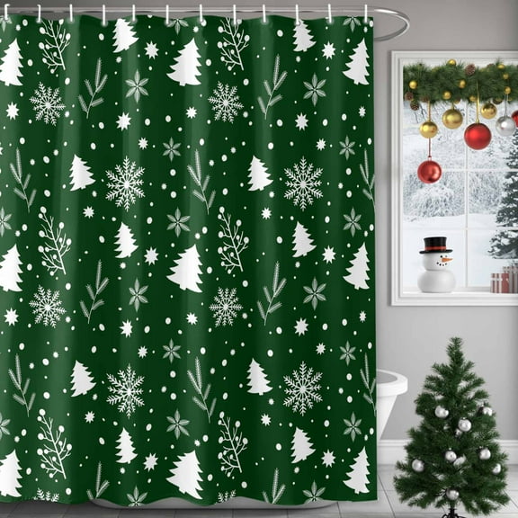 Christmas Snowflakes Shower Curtains for Bathroom, Trees Leaves Green White Retro Waterproof Fabric Shower Curtain for Bathroom Bathtub Decoration, Machine Washable, 60"x72"