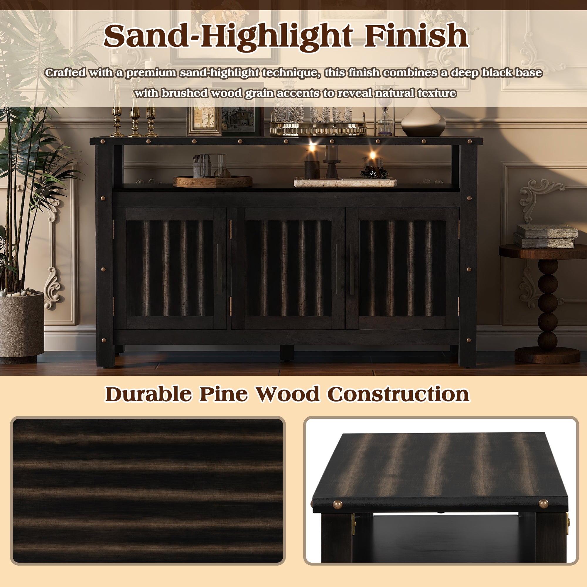 55.1"Pine Wood Buffet Cabinet With 3-door Storage, Sideboard Cabinet with Dual Storage areas,Coffee Bar With Metal Handles And Exposed Metal Rivets For Dining Room, Kitchen, Living Room