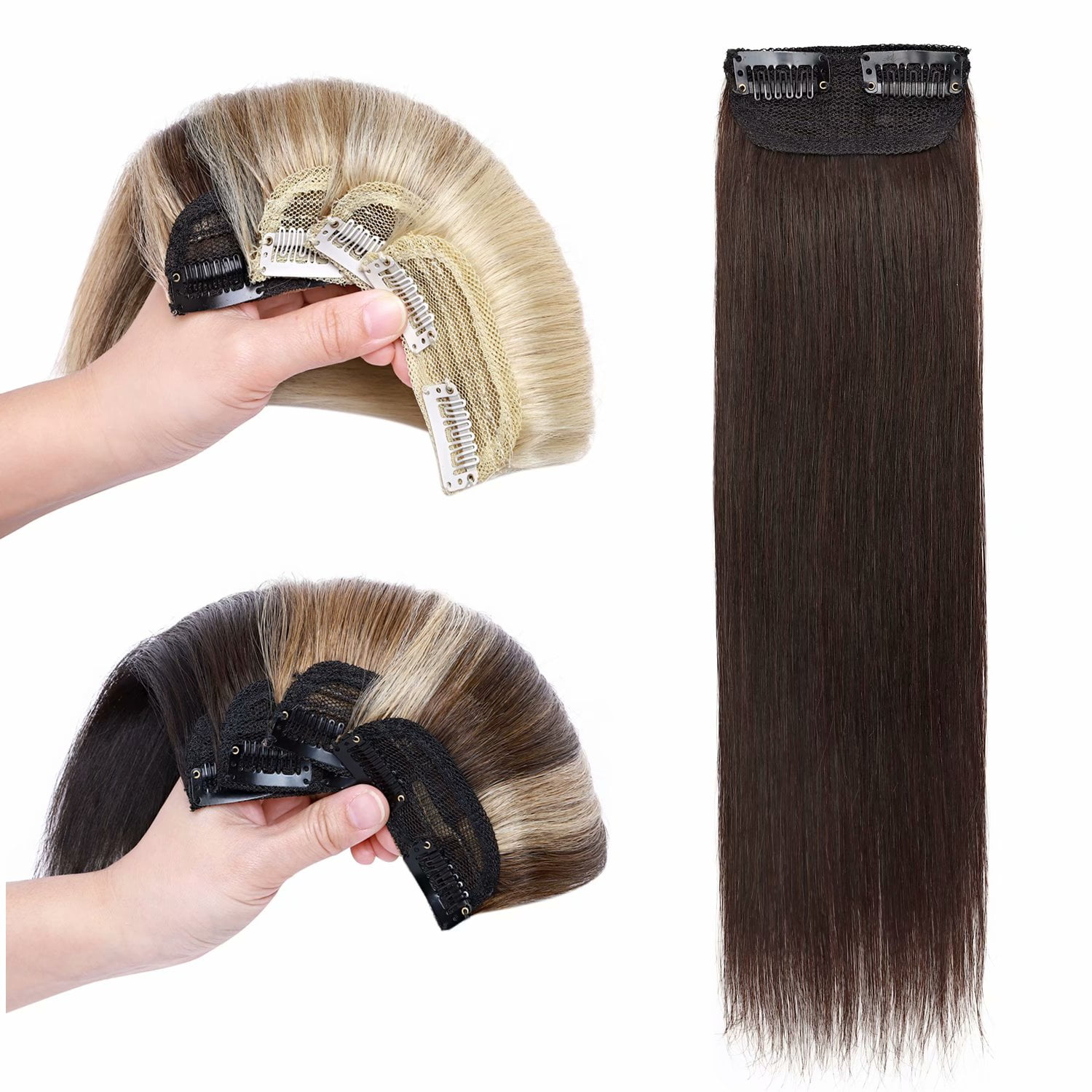 Benehair Clip in 100% Remy Human Hair Extensions Hair Pad Invisible Hairpiece Topper Thickened Soft Thin Hair Brown 2 Pieces