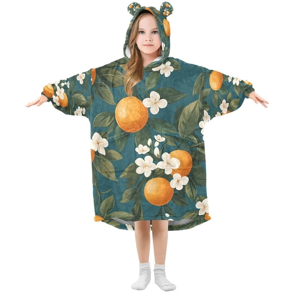 FORMRS Wearable Blanket Hoodie with Sleeves for Kids Cozy Flannel Sweatshirt, Green Floral Orange