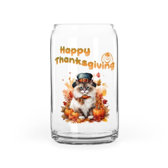 Happy Thanksgiving Ragdoll Welcome Thankful Fall Autumn Pumpkin 16oz Glass Cup Mug Cat Lover Kitten Owner Gifts Idea Glass Can - 02021