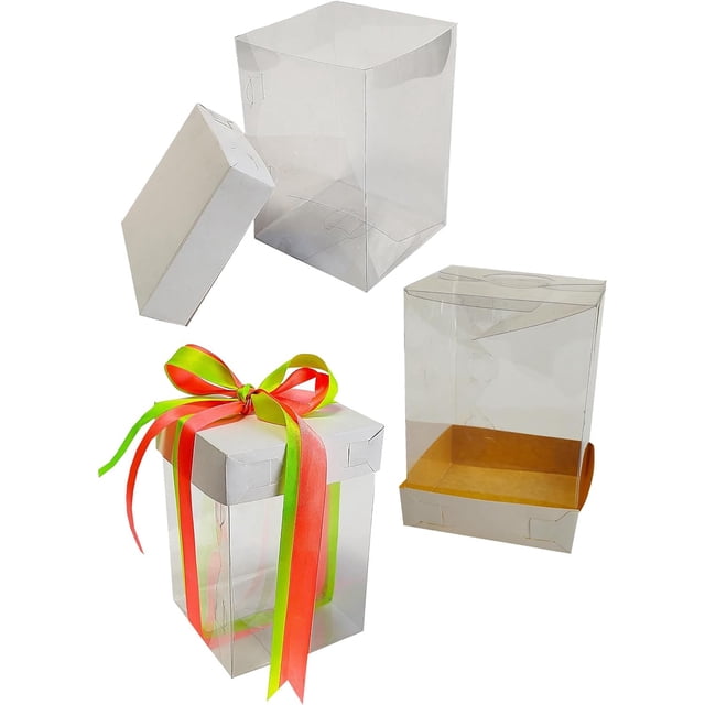 Cajas Transparente Armable Acetato con Tapa Blanca, Fiesta, Recuerdos, Velas, Dulces, Repostería. Tapa Blanca