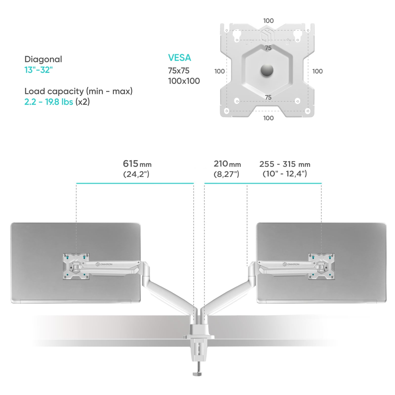 ONKRON Dual Monitor Halterung 2 Monitore - 75x75 VESA 100x100