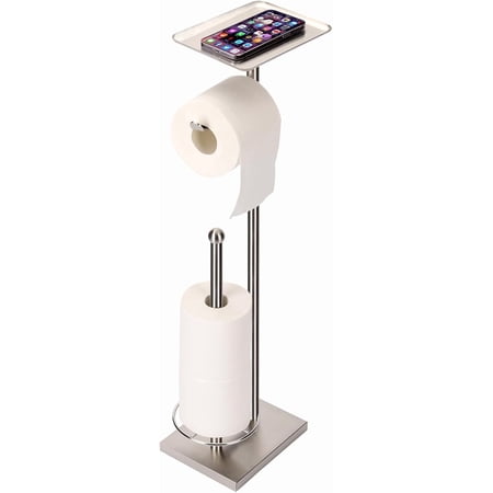 Toilet Paper Holder with Tray at The Top, Heavy-Weighted Stainless Steel Base No Wobbly, Freestanding Toilet Paper Rolls Stand, Hold Extra 3 Paper Rolls On The Base (Brushed Nickel)