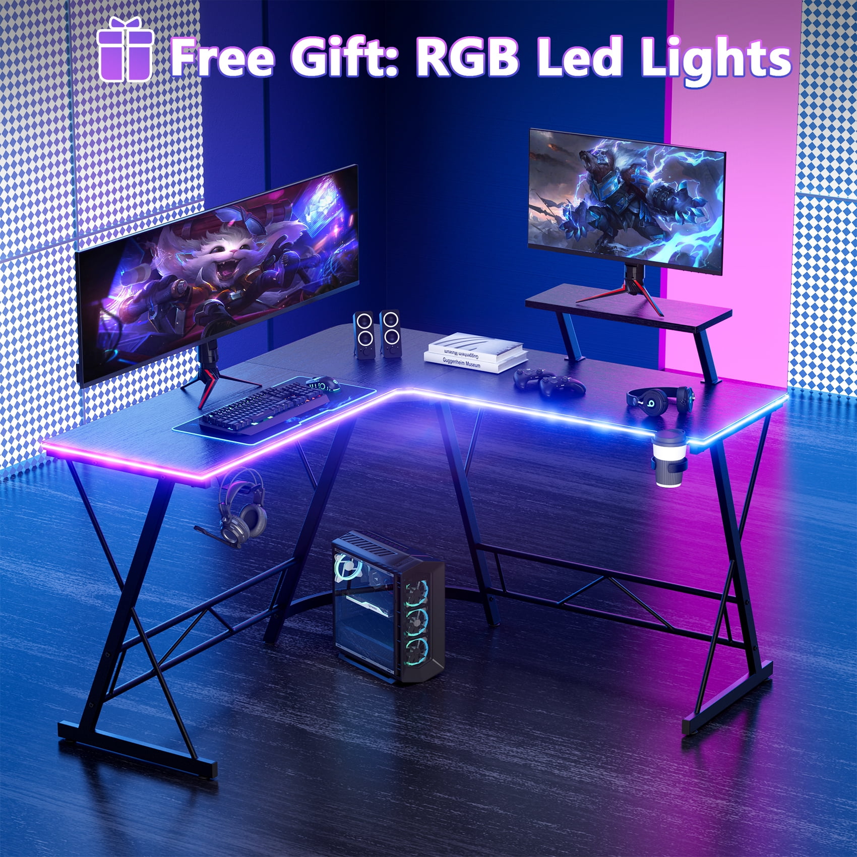 Mr IRONSTONE 51 inch L Shaped Gaming Desk with LED Lights, Corner Computer Desk for Home Office, Black Writing Workstation with Large Monitor Stand, Easy to Assemble