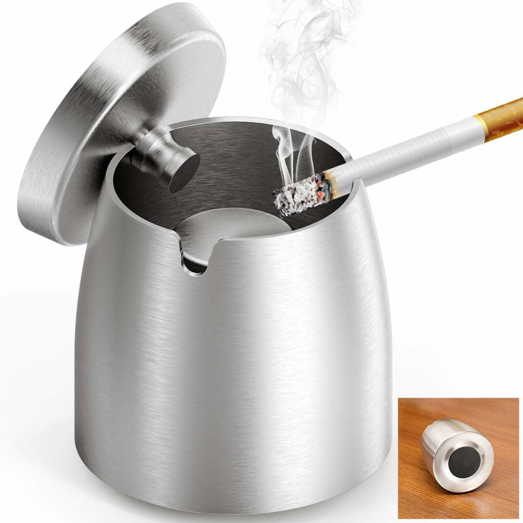 Cendrier Avec Couvercle En Acier Inoxydable - Rond, Portable - Pour Intérieur/Extérieur, Jardin, Bar - 12x6 Cm