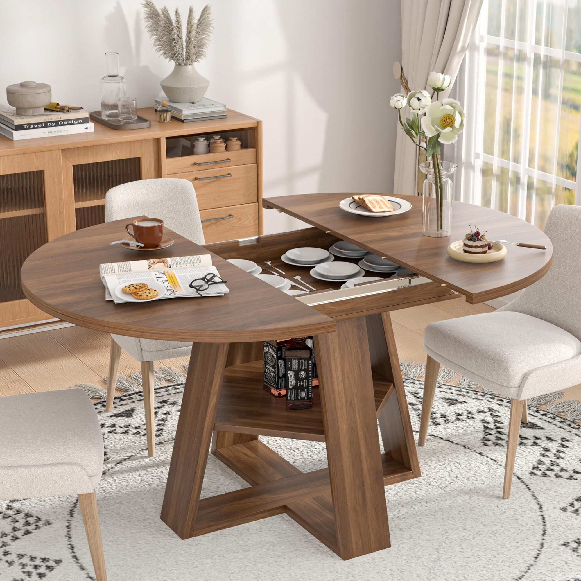 Fsbecl 43.3in-59in Extendable Round Dining Table for 4-8, Modern Wooden Kitchen Table with Removable Leaves, Walnut