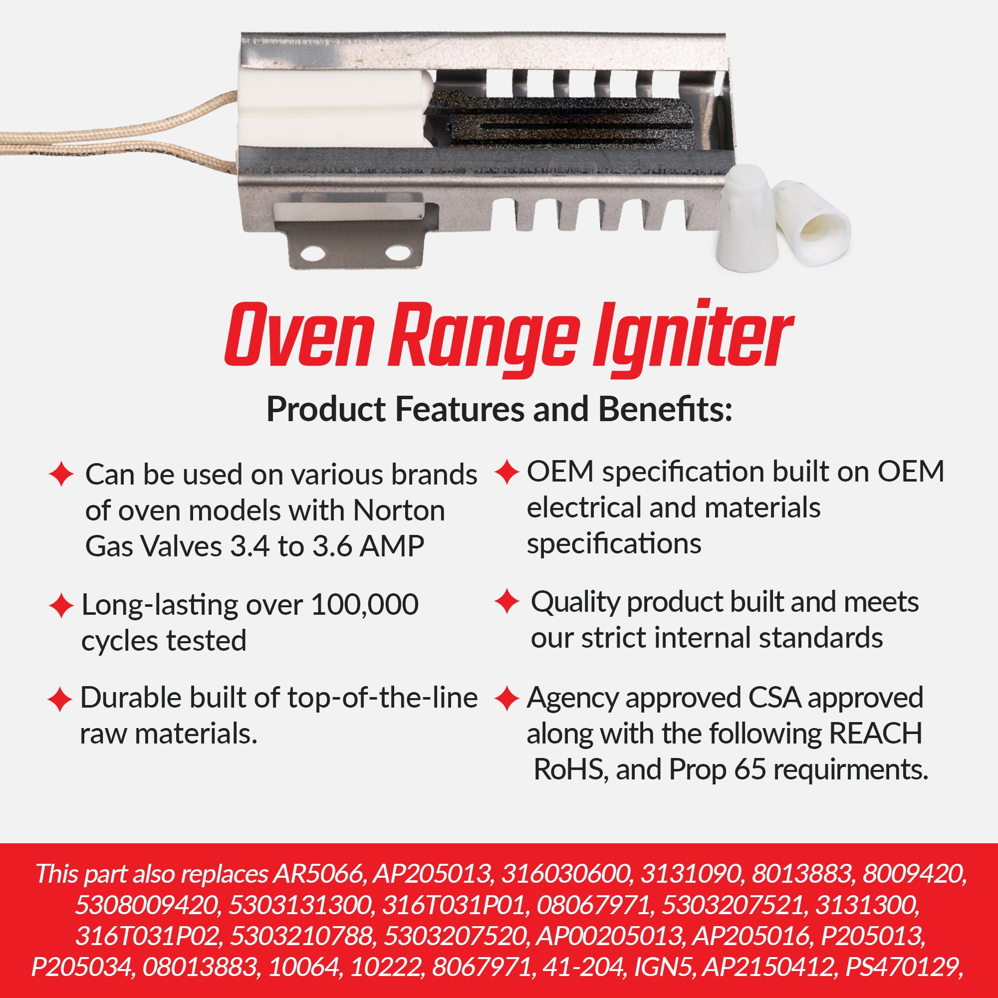 Surface Igniter DS022KX 3.2 to 3.6 Oven Range Flat Igniter, Replacement Igniter for 5303935066