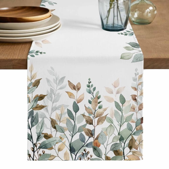 Green Brown Botanical Table Runner, Farmhouse Eucalyptus Leaves Washable Cotton Linen Table Runners 120 Inches Long, Dresser Scarf Runner for Dining/Living Room/Kitchen/Square Tables 13''x120''