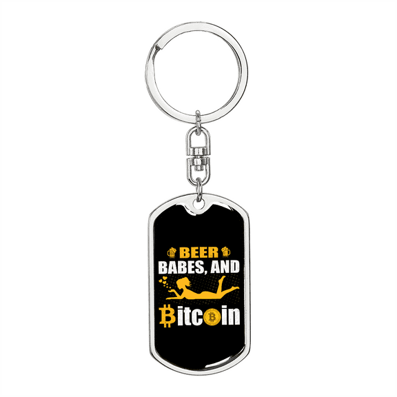Beer Babes and Bitcoin Crypto Stainless Steel or 18k Gold Premium Swivel Dog Tag Keychain