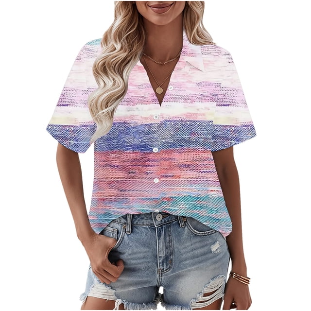 Tops de Manga Corta de Verano para las Mujeres de la Moda No Posicionamiento de la Impresión de Lino Cuadrado Acampanado Hemp Botón-Up Camisa