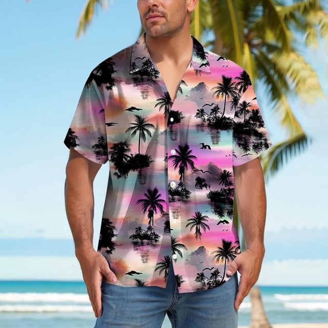 Blusa y camisa de manga corta con cuello vuelto para hombre, blusa informal con botones y estampado hawaiano, blusa de manga corta con cuello vuelto para hombre