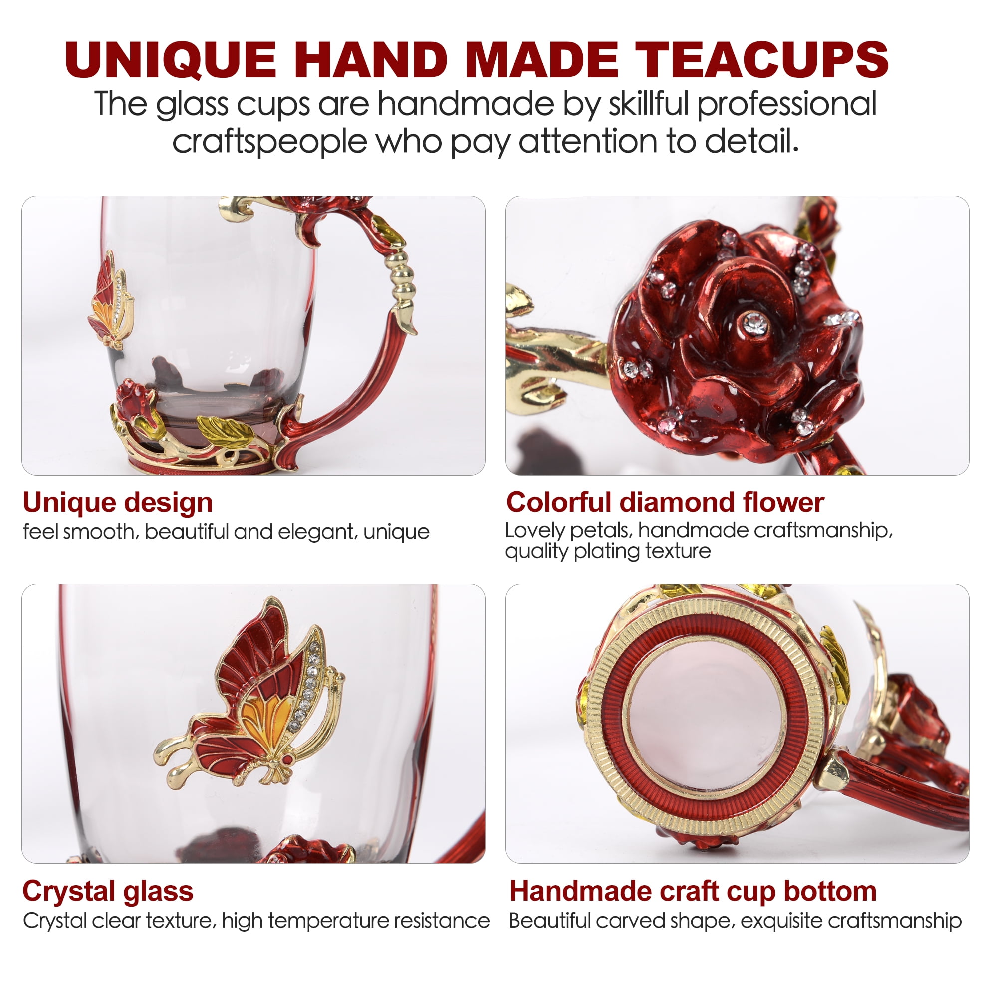 Glass Coffee Cup Tea Mug & Gifts with Spoon Set Handmade Enamel Butterfly Rose Flower for Mothers Day Gift, Women (2 Red Pack)