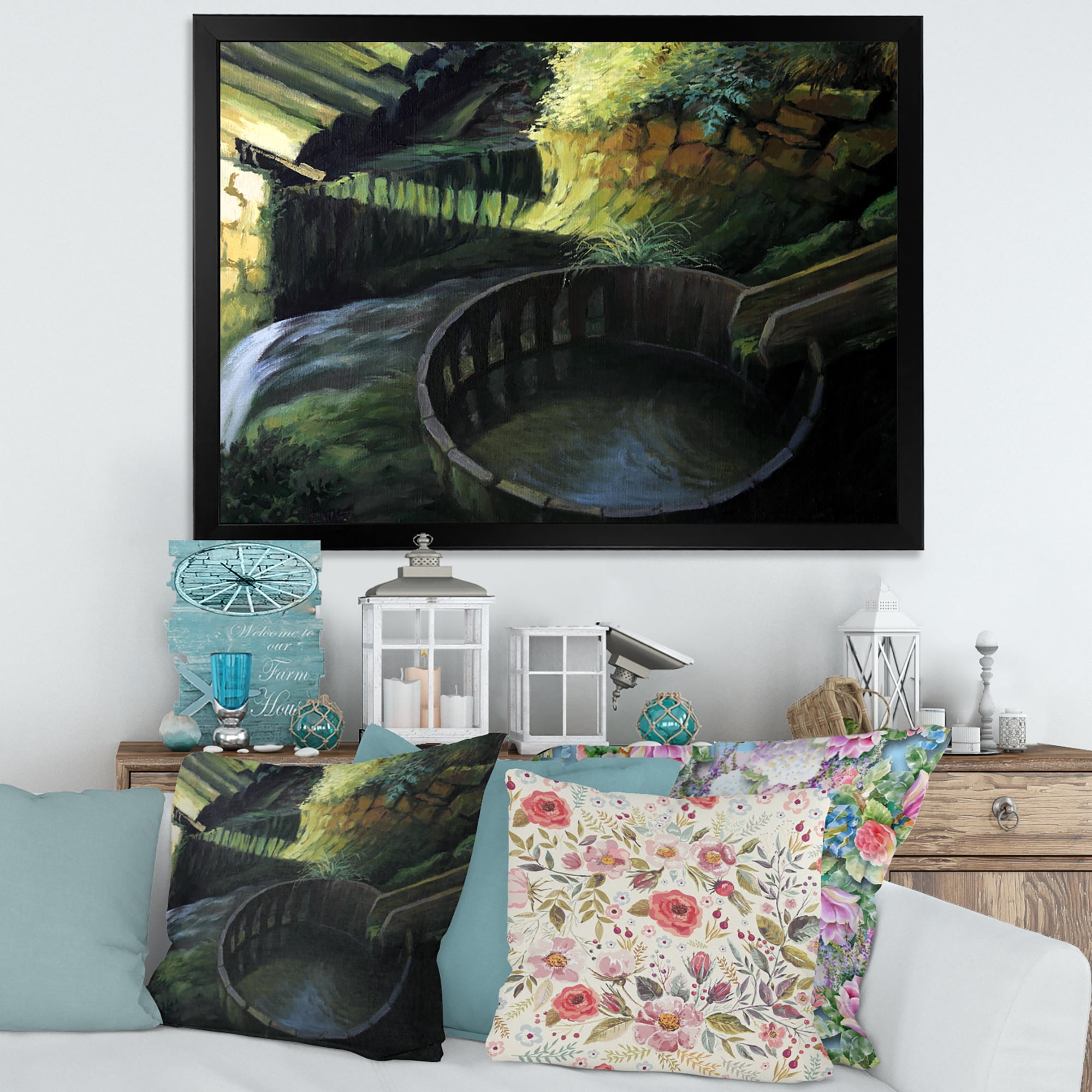 Designart 'Old Watermill In Green Nature Landscape' Lake House Framed Art Print