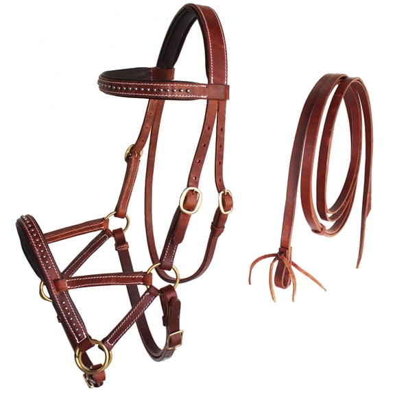 Horse Western Leather Tack Studded Bitless Sidepull Bridle Reins Tan 77RS03TN