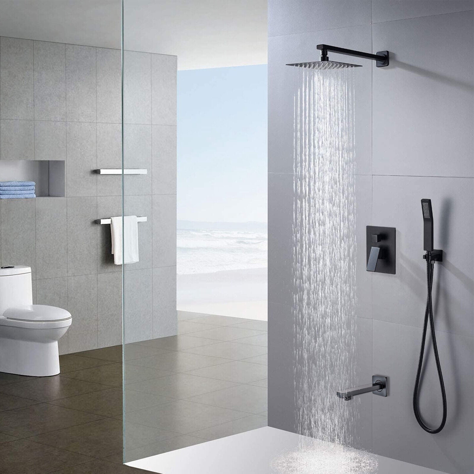 Zovajonia Matte Black Shower System 12 Inches Shower Faucet Set, Rain Shower Head with Handheld Spray Bathroom Wall Mount Shower Fixtures with Tub Spout