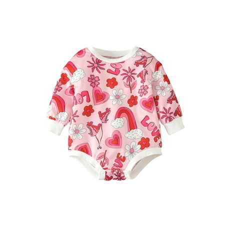 

Baby Girl Valentine’s Day Romper Long Sleeve Heart Floral Bodysuit