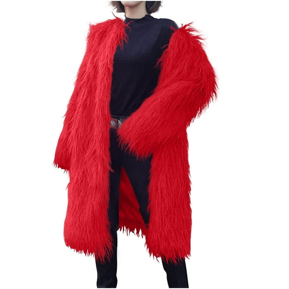 ZQUUVOU Women's Longline Faux Fur Coat Extended Length Solid Color Oversized Warmth Elegant Winter Plush Fuzzy Coat Red