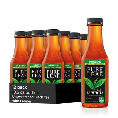 Pure Leaf Unsweetened Real Brewed Black Iced Tea with Lemon, 18.5 oz, 12 Pack Bottles