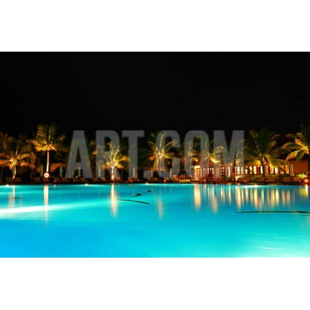Tropical Pool in Luxury Hotel at Night Print Wall Art By