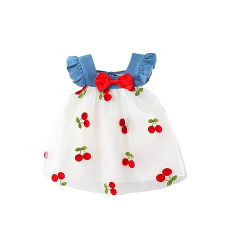 

Ma&Baby Toddler Baby Girls Princess Dress Cherry Embroidery Mesh Denim Ruffles Sleeveless Bowknot Tulle Tutu Dress