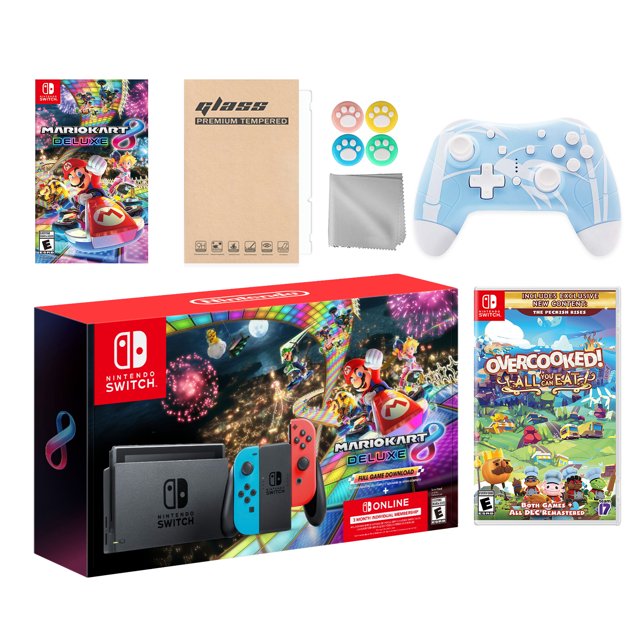 Nintendo Switch Mario Kart 8 Deluxe Bundle: Red/Blue Console, Mario Kart 8 & Membership, Overcooked! All You Can Eat, Mytrix Wireless Pro Controller Blue Bamboo and Accessories