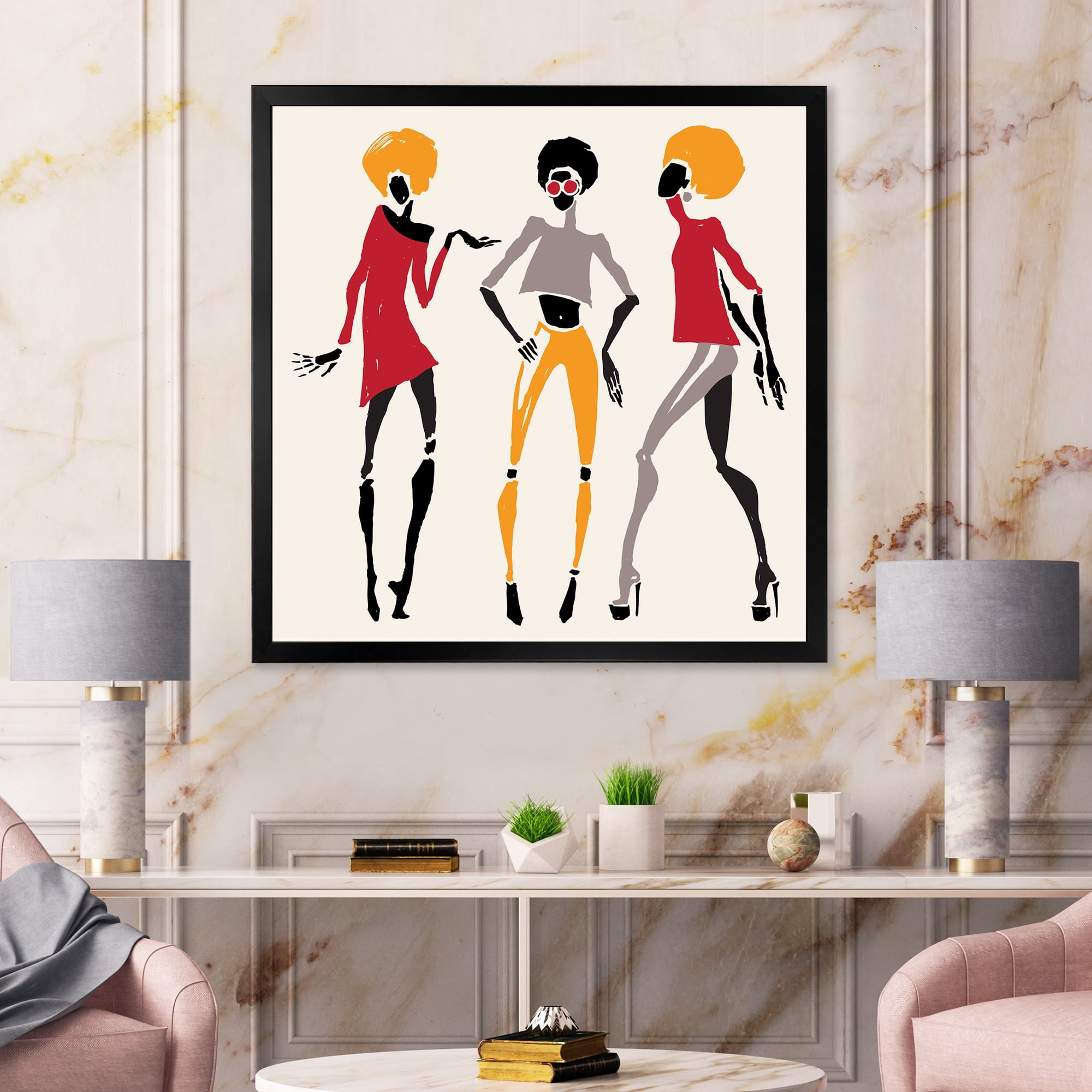 Designart 'African American Women Silhouettes Red and Yellow I' Modern Framed Art Print
