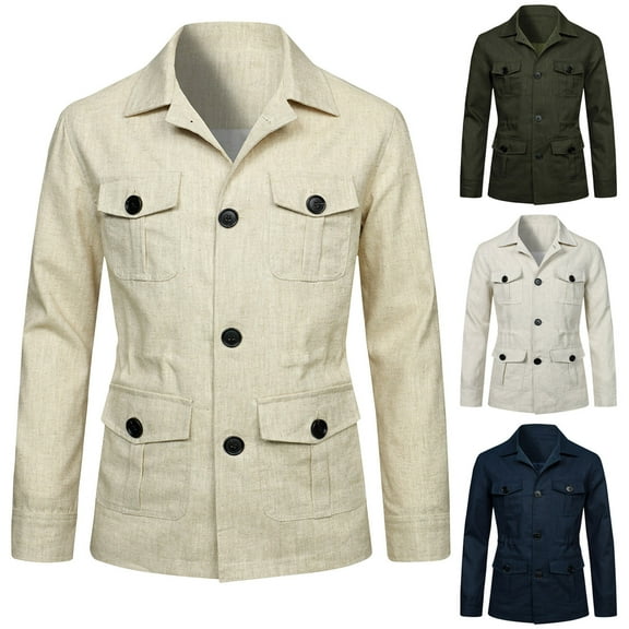 Miluxas Men's Autumn Solid Color Design Pocket Button Linen Long Sleeve Headless Collar Casual Coat/Jacket White