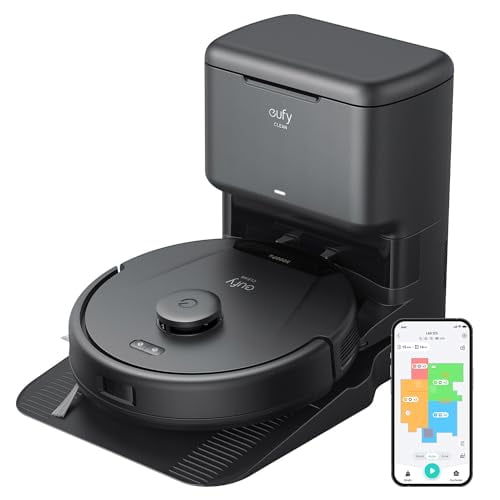 Aspiradora robot eufy L60 renovada con estación de vaciado automático, tecnología desenredante, hasta 60 días de limpieza manos libres, succión de 5000 Pa, elimina el vello y el polvo.