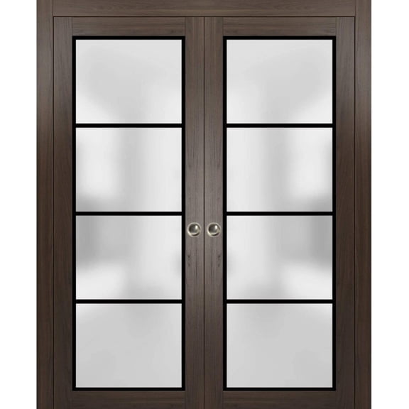 Sliding French Double Pocket Doors 36 x 80 inches | Planum 2132 Chocolate Ash Frosted Glass | Kit Trims Rail Hardware | Solid Wood Interior Bedroom Sturdy Doors