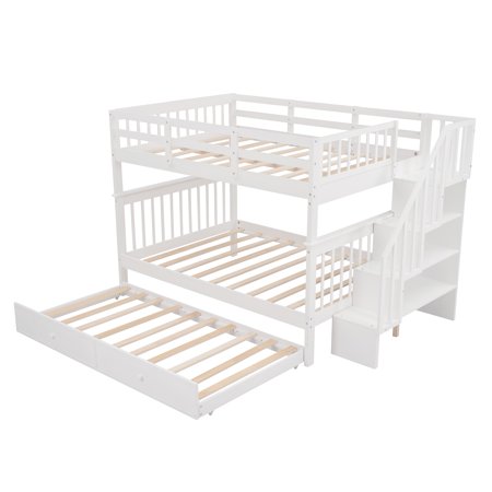 SESSLIFE Full Over Full Bunk Beds with Storage Stairs  White Solid Wood Trundle Bunk Bed with Guard Rail  Convertible Bunk Bed Frame for Bedroom  Children s Room  Dorm  TE1418