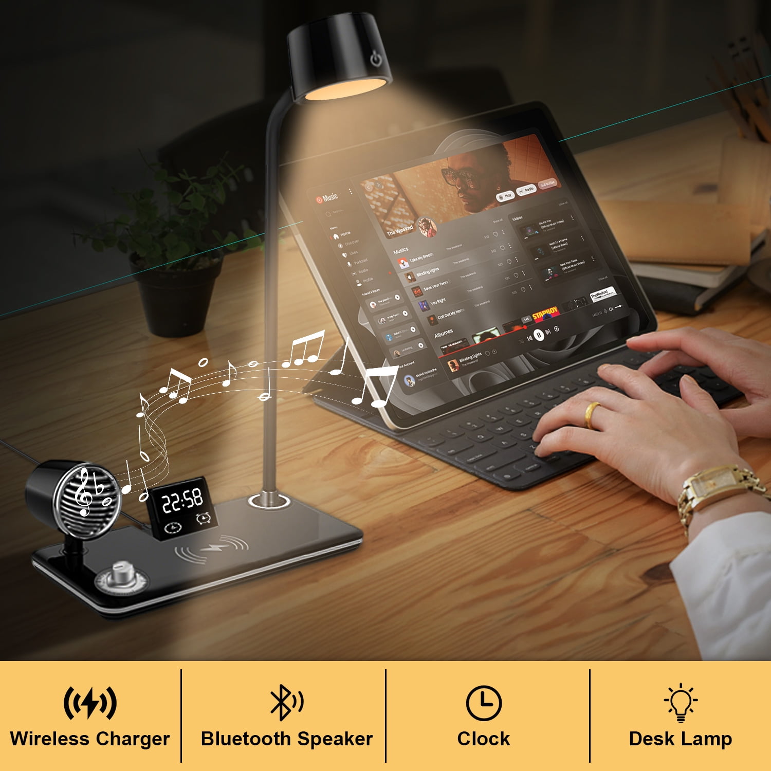 LED Desk Lamp, 4 in 1 Multifunction Table Lamp with Wireless Charger, Bluetooth Speaker Digital Clock, 360° Adjustable Gooseneck Arm with 3 Color Modes Dimmable Lamp for Home Office Bedroom, Black