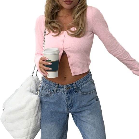 Women Long Sleeve Button Up Ribbed Knit Crop Cardigan Y2K Slim Fit Round Neck Sweater Tshirt Fall Tops Pink M