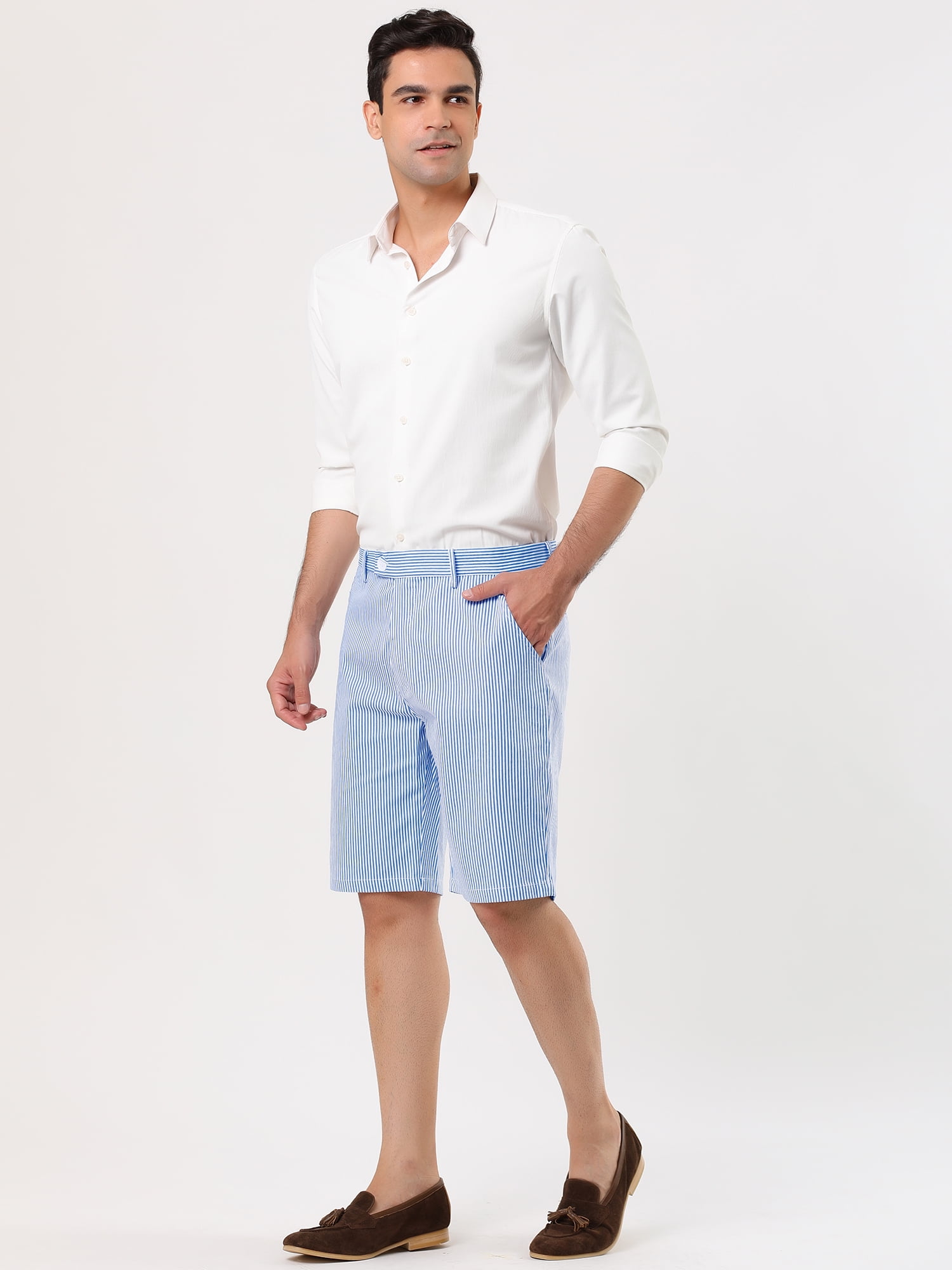 Unique Bargains Men's Mid-Rise Stripe Flat Front Chino Walk Shorts