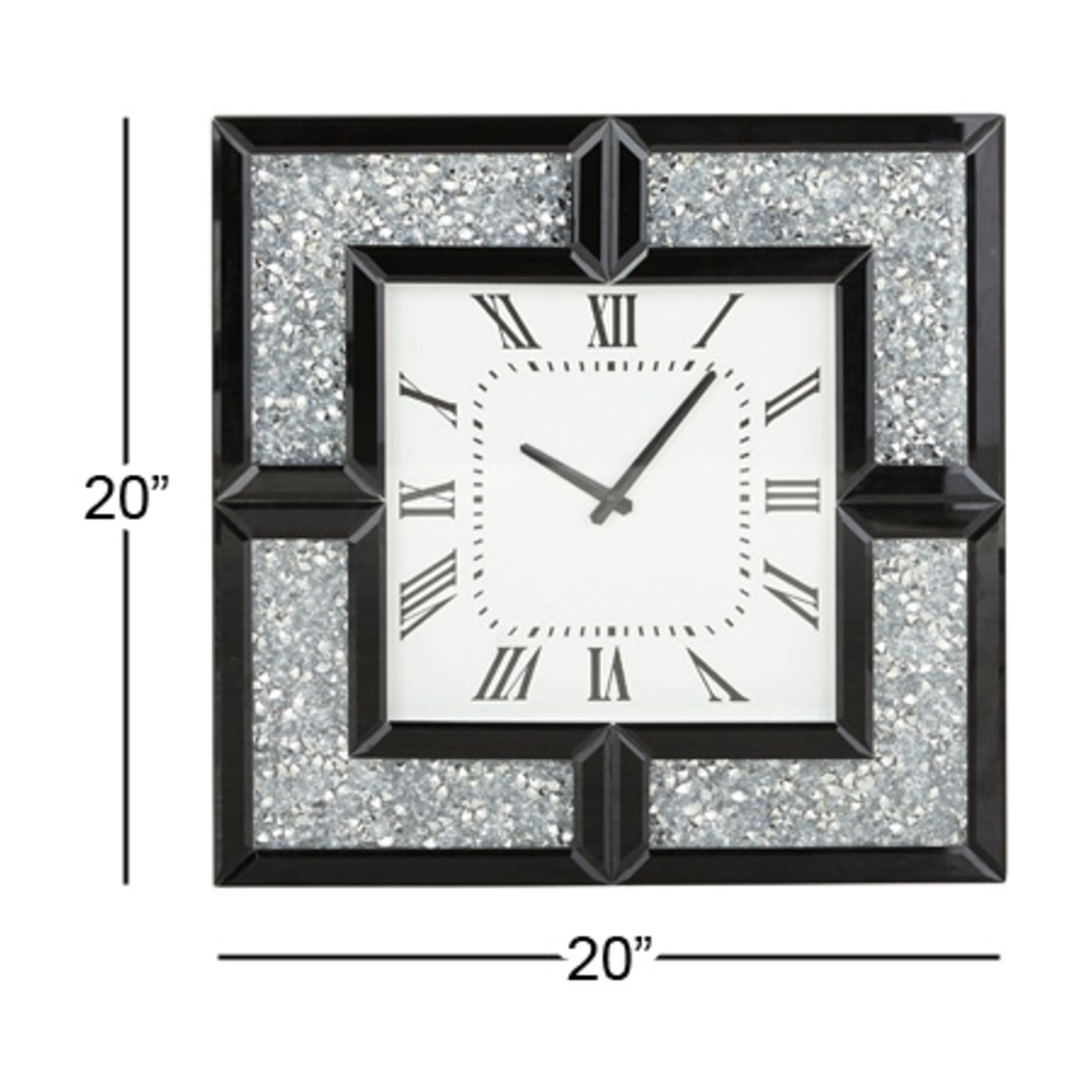 DecMode 20" Black Glass Mirrored Wall Clock with Floating Crystals